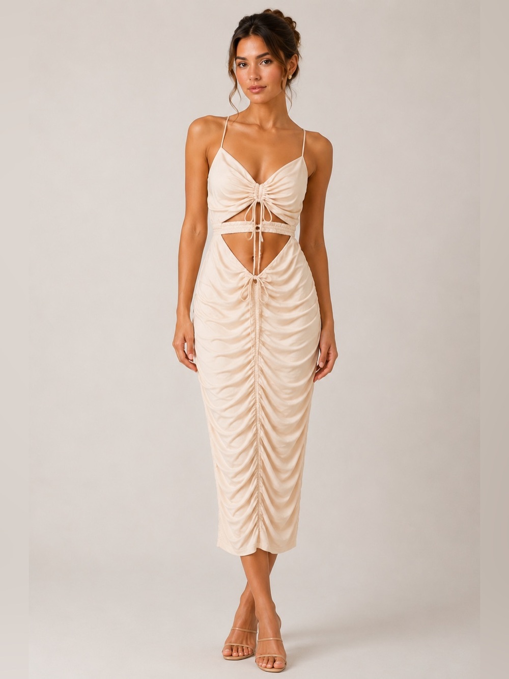 Polly Ivory Ruched Cutout Midi Dress US 8